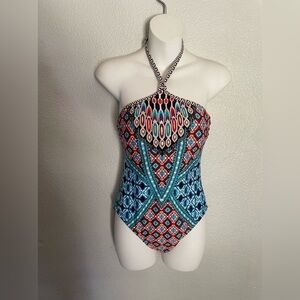 KENNETH COLE New York Tribe Vibes orange/teal halter one piece swimsuit -Small